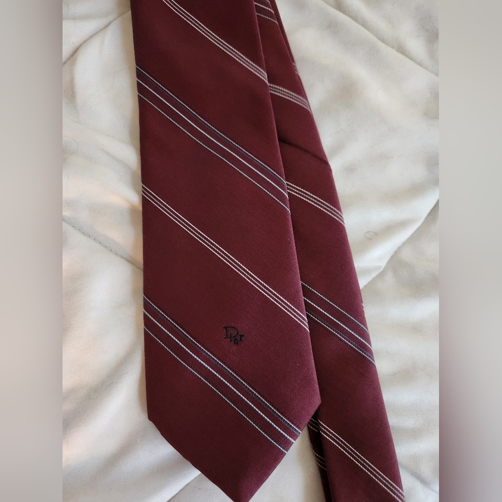 Vintage Christian Dior Burgundy Striped Tie With Monogram